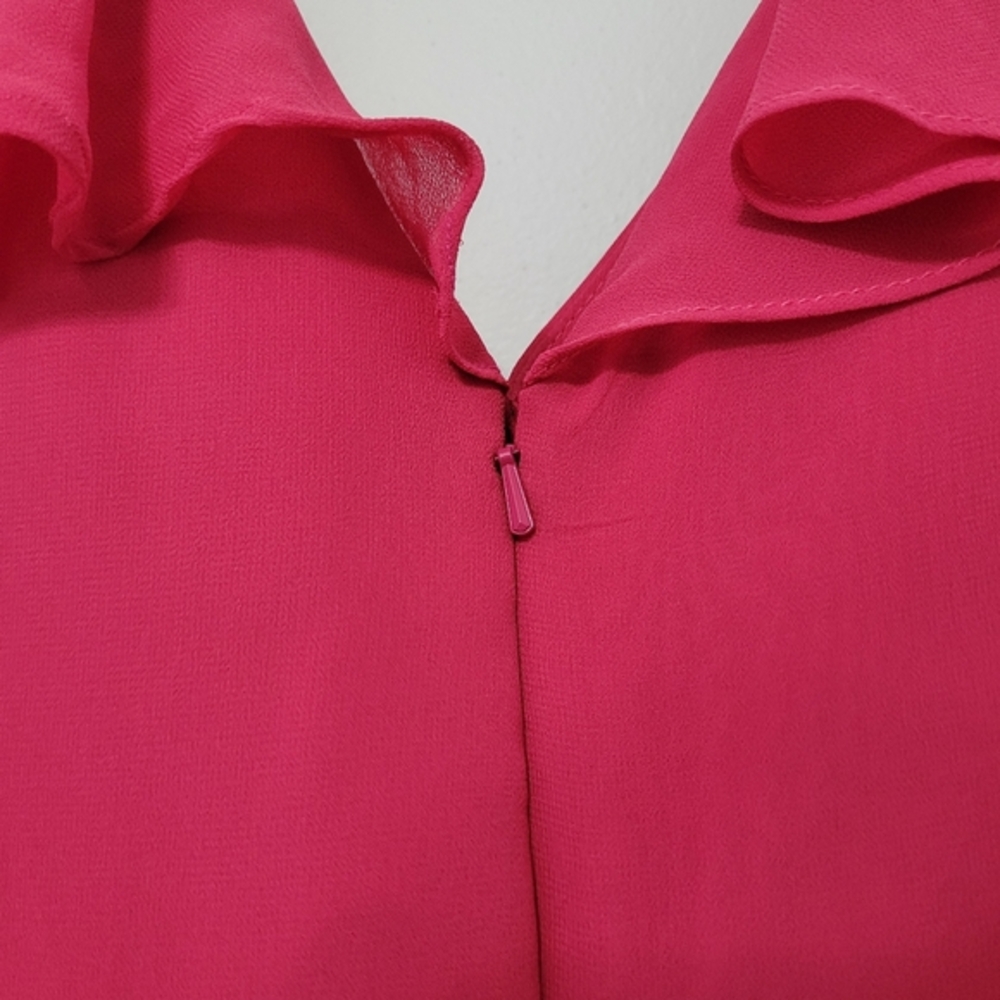 Hayley Paige Occasions Flamingo Pink Chiffon A-line Gown Ruffled V Neck, Size 22 - Picture 9 of 14